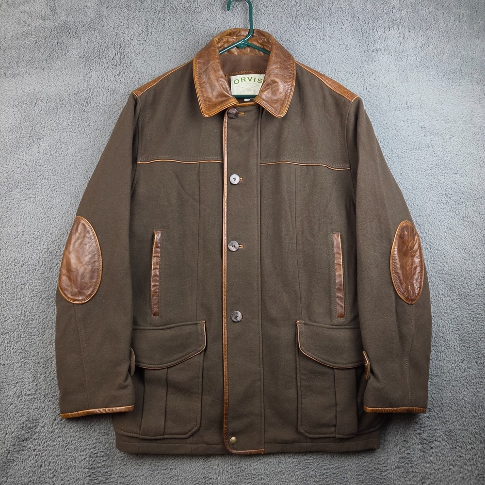 Vintage Orvis Field Coat Men's 46 Leather Wool Cashmere Elbow Patch Lined Brown